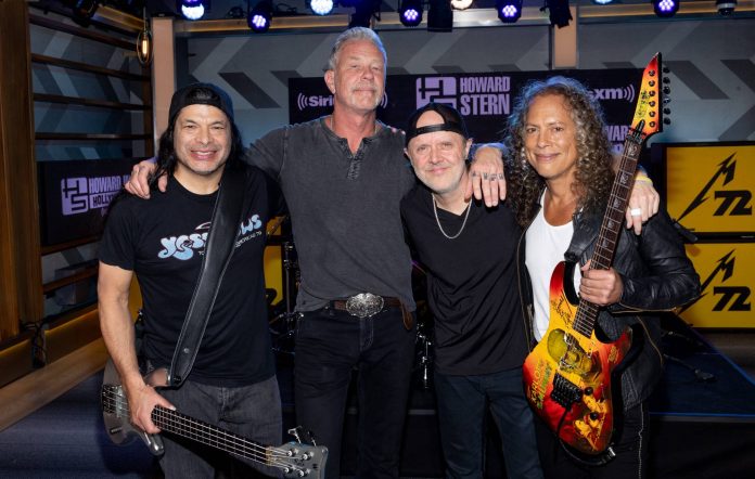 Robert Trujillo, James Hetfield, Lars Ulrich, and Kirk Hammett of Metallica visit SiriusXM's 'The Howard Stern Show' at SiriusXM Studios on April 12, 2023 in Los Angeles, California.