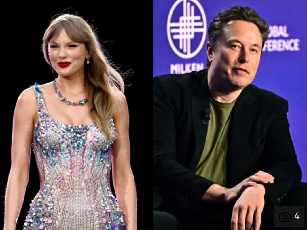 Musk’s daughter has slammed the tech billionaire (right) for the ‘sexist’ post he wrote about Taylor Swift (left) after she backed Kamala Harris for president