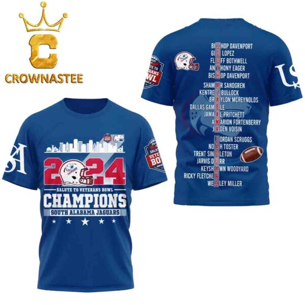 South Alabama Jaguars Football 2024 Champions IS4S Salute To Veterans Bowl All Over Print T-Shirt