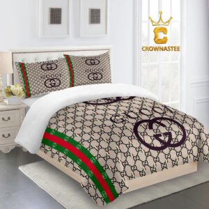 Best Gucci Beige Red Gree Logo Luxury Brand Bedding Set Bedroom Home Decor Bedspread Duvet Cover Set