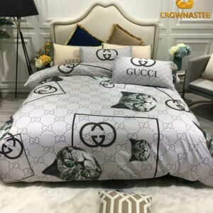 Best Gucci Cat Luxury Brand White Bedding Set Home Decor Duvet Cover Set