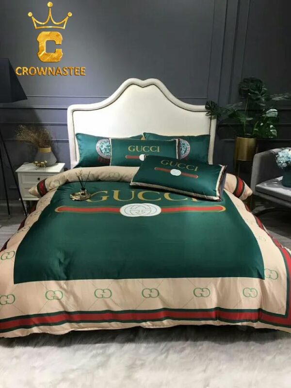 Best Gucci Dark Green Logo Luxury Brand Bedding Set Home Decor Bedroom Bedspread Duvet Cover Set