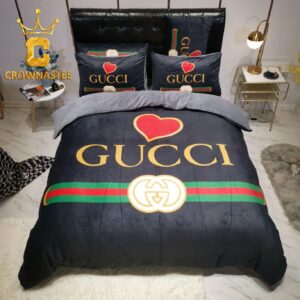 Best Gucci Heart Black Luxury Brand Premium Bedding Set Duvet Cover Set Home Decor