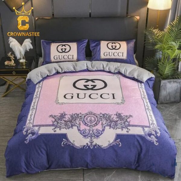 Best Gucci Pink Blue Logo Luxury Brand Bedding Set Bedroom Home Decor Bedspread Duvet Cover Set