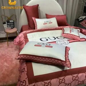 Best Gucci Pinky White Luxury Brand Premium Bedding Set Bedspread Home Decor Duvet Cover Set