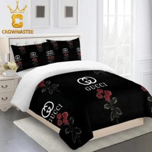 Best Gucci Roses Black Luxury Brand Premium Bedding Set Home Decor Duvet Cover Set