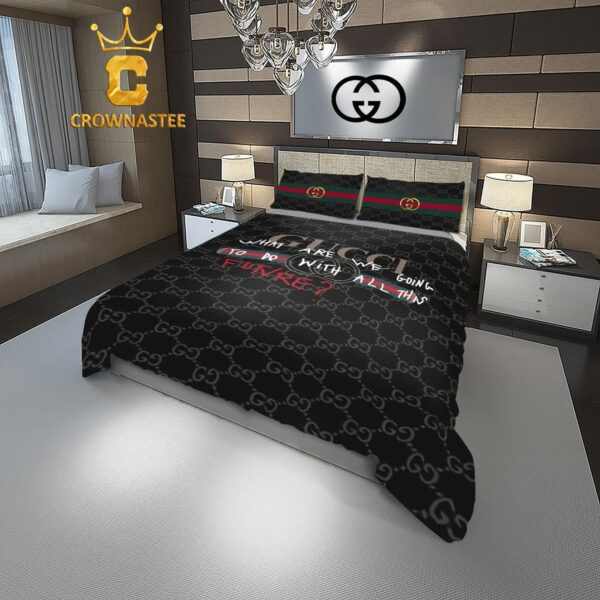 Best Gucci What Are We Doing Logo Luxury Brand Bedding Set Bedspread Bedroom Home Decor Duvet Cover Set