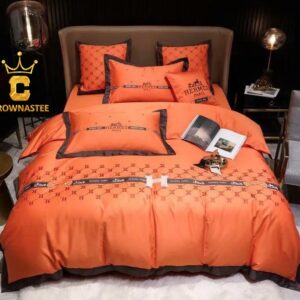 Best Hermes Orange Color Background Luxury Brand Bedding Set Bedroom Home Decor Bedspread Duvet Cover Set