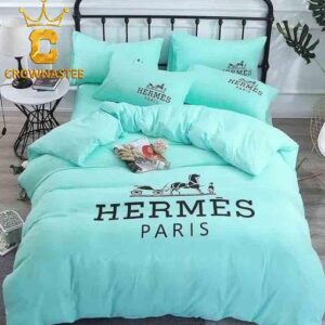Best Hermes Paris Black Logo With Arctic Color Background Luxury Brand Bedding Set Bedroom Home Decor Bedspread Duvet Cover Set