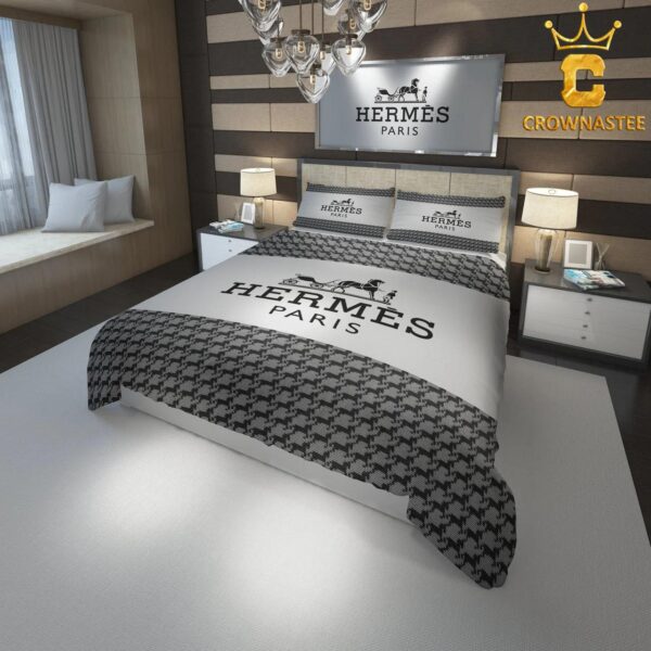 Best Hermes Paris Luxury Brand Black Logo And Gray Background Bedding Set Bedroom Home Decor Bedspread Duvet Cover Set
