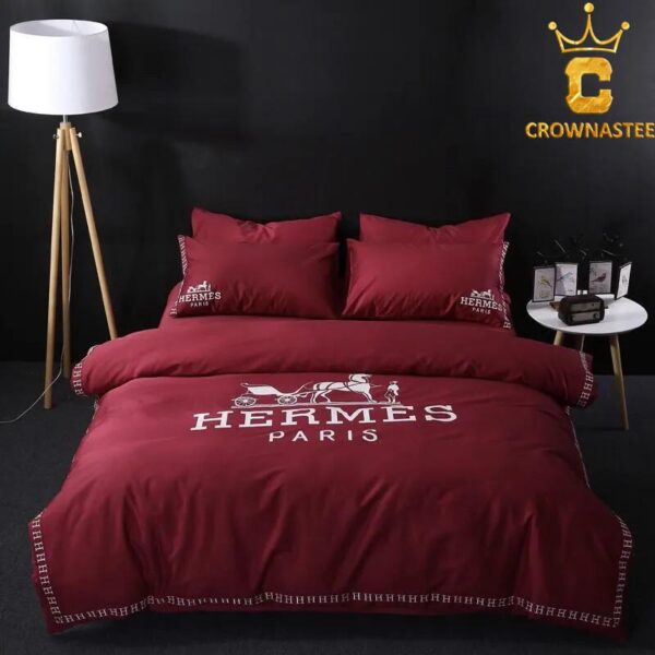 Best Hermes Red Background Luxury Brand Premium Bedding Set Bedroom Home Decor Bedspread Duvet Cover Set