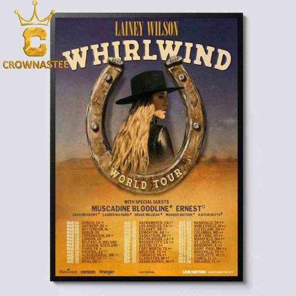 Lainey Wilson Whirlwind World Tour 2025 Dates Schedule Home Decor Poster Canvas