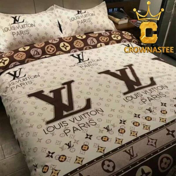 Louis Vuitton Big Logo Luxury Brand Comforter White And Brown Bedding Sets