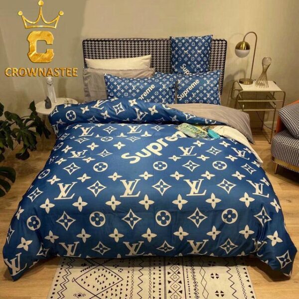 Luxury Brand Louis Vuitton x Supreme Blue Monogram Edition Background Comforter Bedding Sets