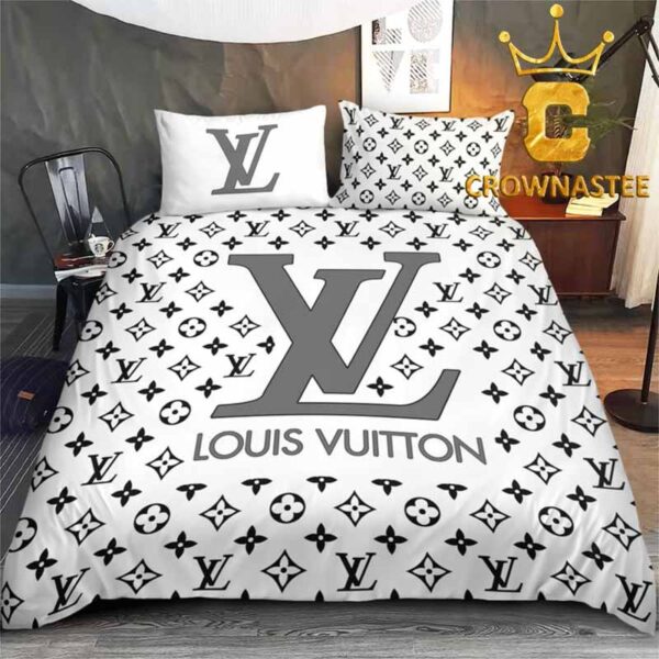 White Louis Vuitton Big Logo Pattern Luxury Brand Comforter Bedding Sets Bedroom Duvet Cover