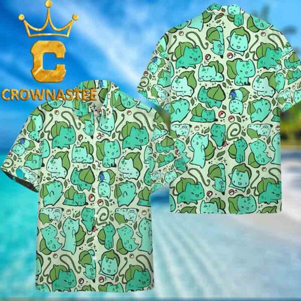 Bulbasaur Fushigidane Pokemon Cute Palm Left Tropical Green Aloha Hawaiian Shirt