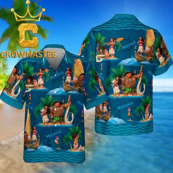 Moana And Maui Disney Island Beach Summer Vibes Blue Hawaiian Shirt