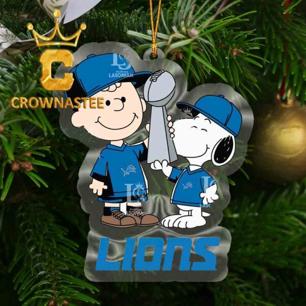 Detroit Lions Charlie Brown and Snoopy Champions NFL Acrylic Christmas Tree Decoration Ornament
