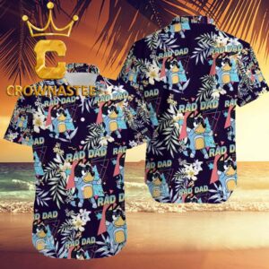 Bluey Chilli Rad Dad Leaf Pattern Black Hawaiian Shirt
