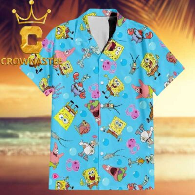 Spongebob Patrick Star Mr Krabs Bubbles Pattern Blue Hawaiian Shirt