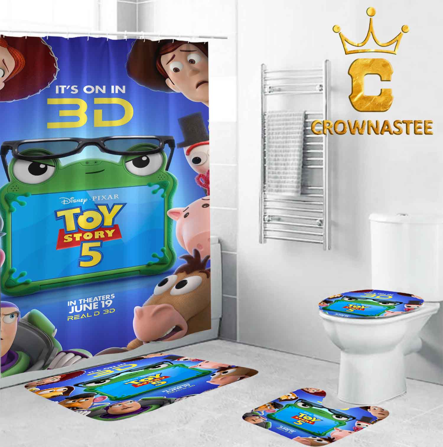Toy Story 5 Disney Movie 2026 June 19th In 3D Bathroom Mat Set Shower Curtain Toy Story 5 Disney Movie 2026 June 19th In 3D Bathroom Mat Set Shower Curtain