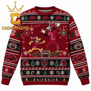 Arkansas Razorbacks Goofy & Pluto Football Christmas Ugly Sweater